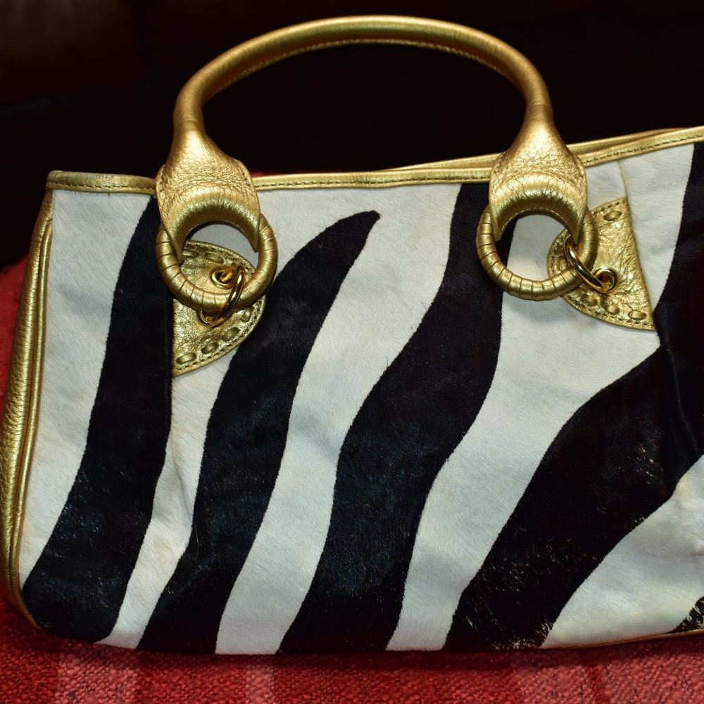 NOT FOR SALE- BEVERLY FELDMAN GOLD AND ZEBRA PRINT CALF HAIR LEATHER BAG